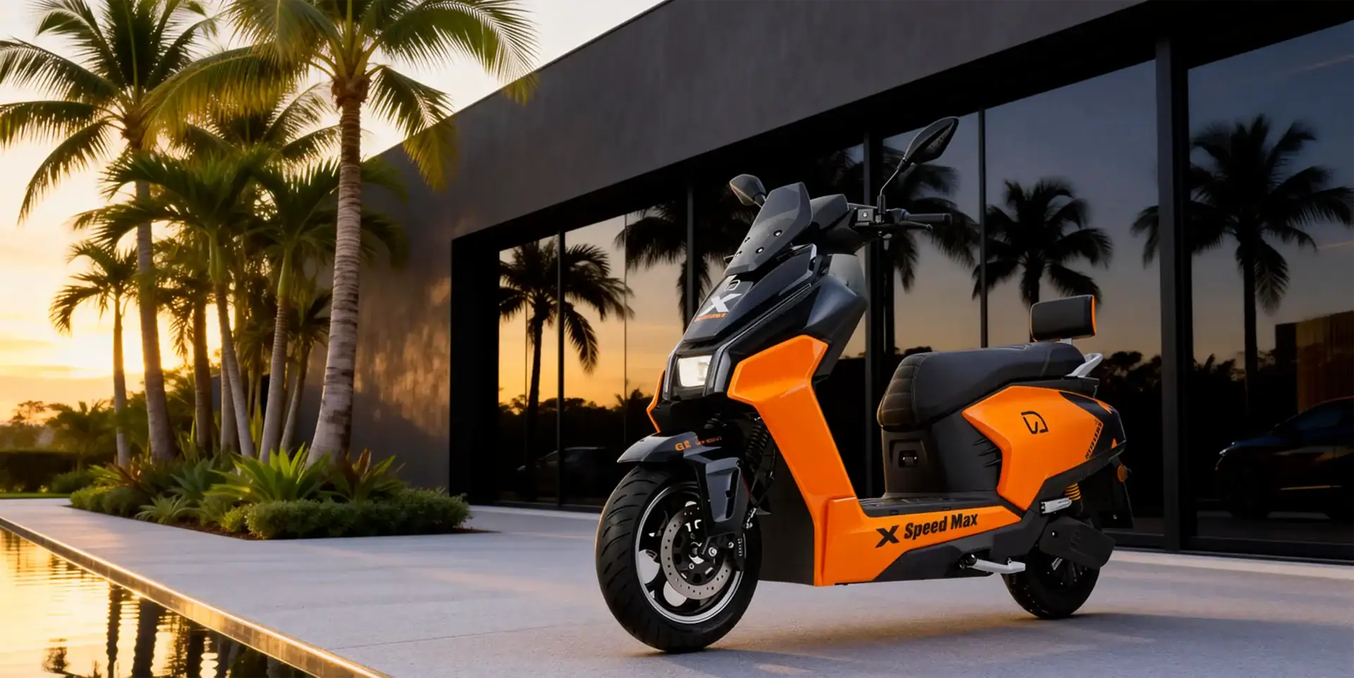High-resolution image of an orange and black electric scooter parked outside a contemporary building with large glass windows and palm trees at sunset, highlighting sleek design and eco-friendly transportation options.