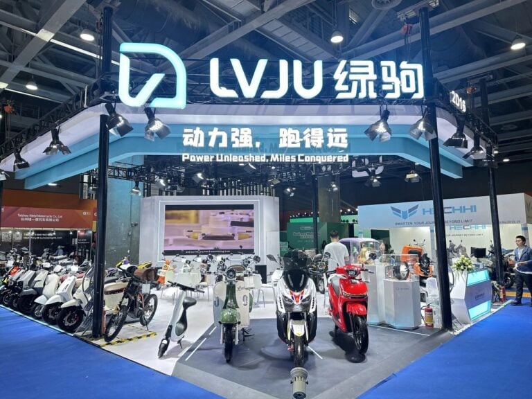 LVJU booth showcasing electric scooters and e-bikes at Guangzhou trade shows, highlighting innovative mobility solutions and global trade opportunities.