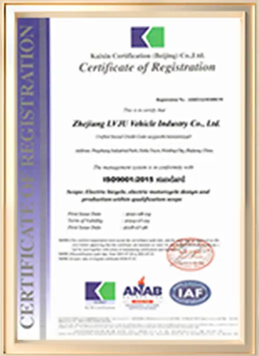 Quality vehicle manufacturing certificate for Zhejiang LVE Vehicle Industry Co., Ltd. issued by relevant authorities, confirming compliance with industry standards and quality assurance.