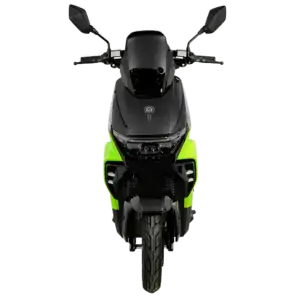 Electric scooter with sleek black and neon green design, featuring modern handlebars and front view. Perfect for urban commuting and eco-friendly transportation.