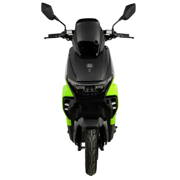 Electric scooter with sleek black and neon green design, featuring modern handlebars and front view. Perfect for urban commuting and eco-friendly transportation.