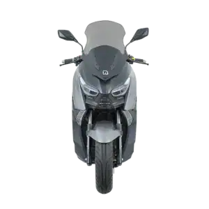 Front view of the Phantom Max electric motorcycle showcasing sleek design, modern headlights, and aerodynamic features, ideal for eco-friendly urban commuting.