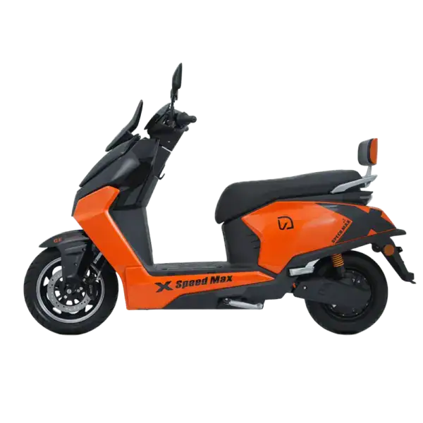 Electric scooter with sleek black and orange design, ideal for city travel and eco-friendly transportation. Features modern technology and comfortable riding experience.