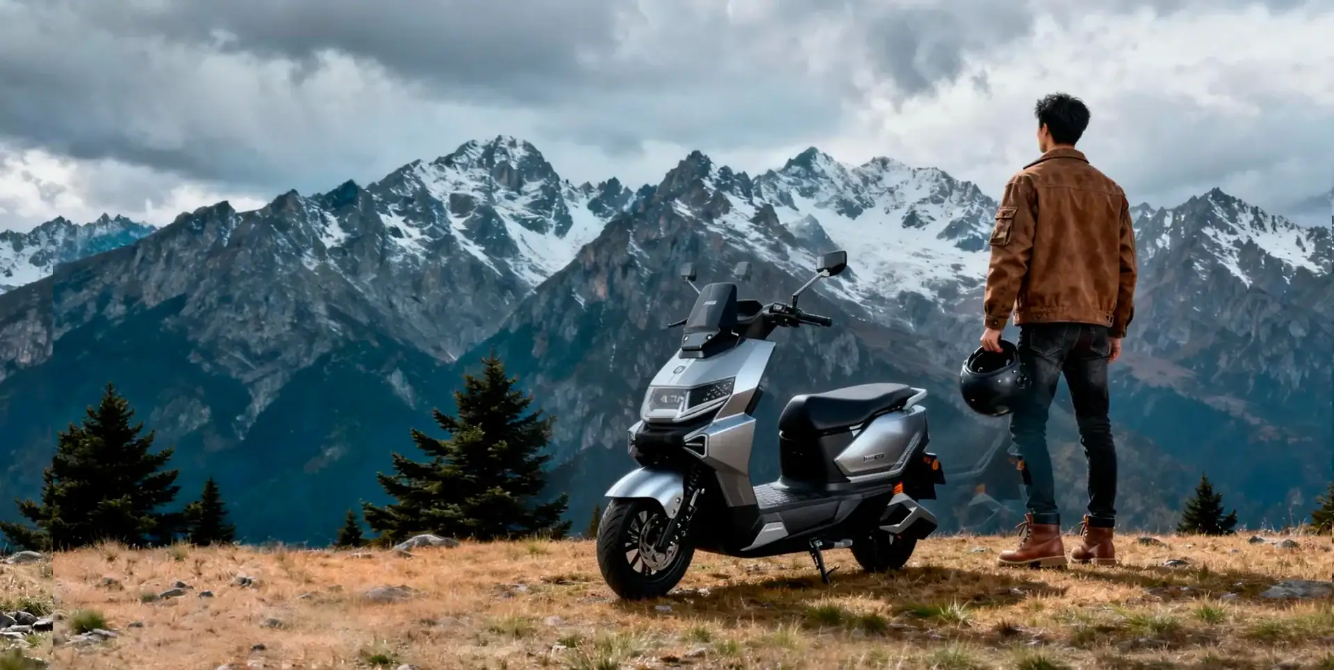 Mountain landscape with scooter and rider in nature, showcasing outdoor adventure and travel. The scene features a person holding a helmet, standing next to a modern scooter against a backdrop of snow.