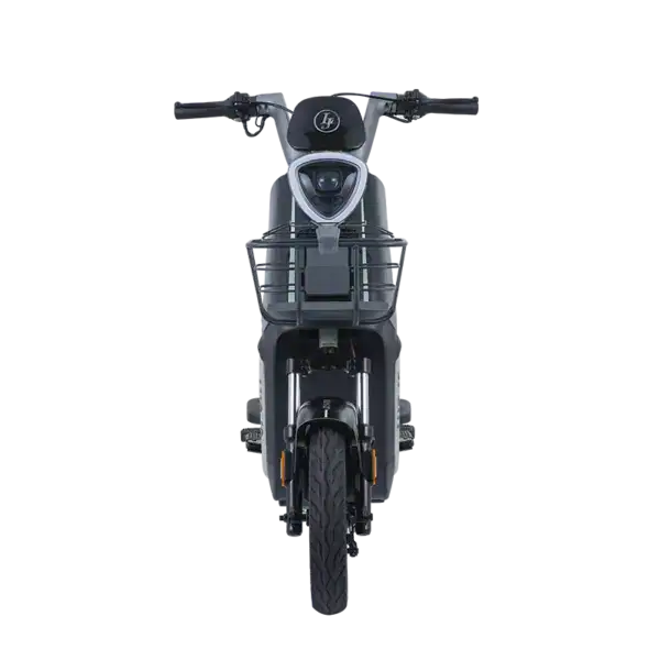 E-bike with digital display and front view, showcasing modern electric motorcycle design, sturdy frame, and advanced technology features for urban commuting and eco-friendly transportation.