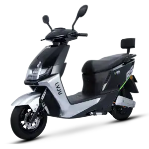 Electric scooter with modern design, black and silver finish, featuring a comfortable seat, rearview mirrors, and advanced features for eco-friendly urban transportation.
