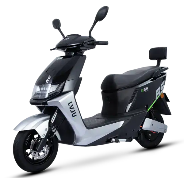 Electric scooter with modern design, black and silver finish, featuring a comfortable seat, rearview mirrors, and advanced features for eco-friendly urban transportation.