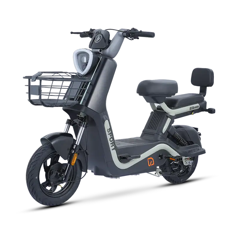 Electric scooter with front basket and ergonomic seat for city travel.