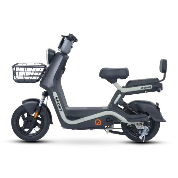 Electric scooter for city commuting, featuring a front basket, modern design, and eco-friendly mobility solution. Ideal for short trips and urban travel.