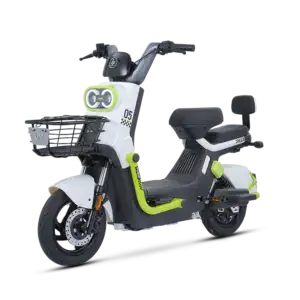 Modern electric scooter with a sleek design, black and white color scheme, and green accents, ideal for urban commuting and eco-friendly transportation.