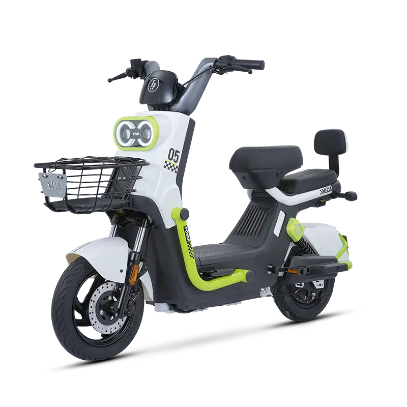 Modern electric scooter with a sleek design, black and white color scheme, and green accents, ideal for urban commuting and eco-friendly transportation.