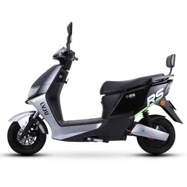 Electric scooter with modern design, black and silver finish, featuring a comfortable seat, digital display, and eco-friendly features for urban commuting.