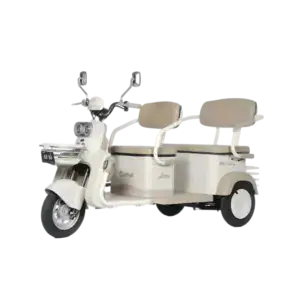 Electric mobility scooter with vintage design, white body, beige seats, and handlebars, ideal for accessible transportation in the CLOUDLAND environment, combining style and functionality.