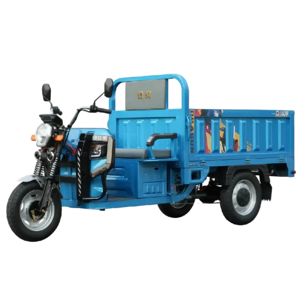 Blue cargo tricycle designed for efficient goods transportation, featuring a spacious rear cargo area, sturdy build, and suitable for urban deliveries and logistics.