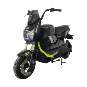 Modern black electric scooter with yellow accents, designed for urban commuting, featuring a sleek build and advanced battery technology.