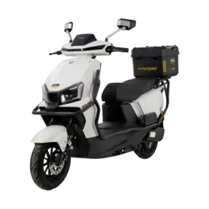Modern white electric scooter with black accents, designed for urban commuting, featuring a comfortable seat, digital display, and storage compartment.