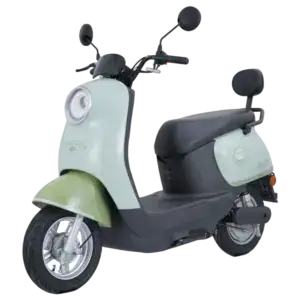 Modern electric scooter designed for city travel, featuring a sleek white and green body, comfortable seat, and practical handlebars for easy navigation.