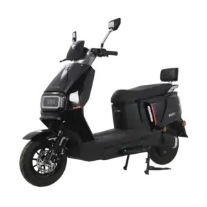 Electric scooter with sleek black finish, digital display, and side storage compartments, ideal for city travel and eco-friendly transportation solutions.
