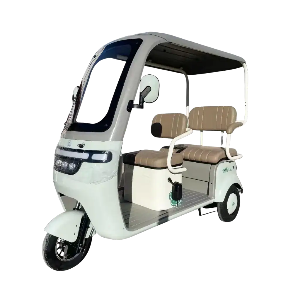 Electric rickshaw with seating for passengers, ideal for eco-friendly urban transportation and short-distance travel. Compact design suitable for city commuting and sustainable mobility solutions.
