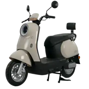 Electric scooter with retro design, beige and black color, suitable for urban commuting and eco-friendly transportation. Features a comfortable seat, handlebars, and modern electric motor.