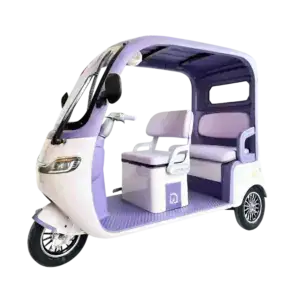 An eco-friendly electric rickshaw designed for sustainable urban transportation, featuring a modern purple and white color scheme, comfortable seating, and compact design for city commuting.