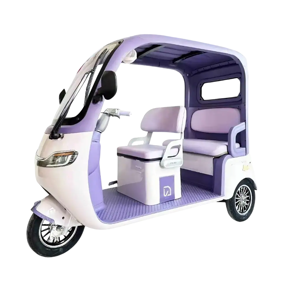An eco-friendly electric rickshaw designed for sustainable urban transportation, featuring a modern purple and white color scheme, comfortable seating, and compact design for city commuting.