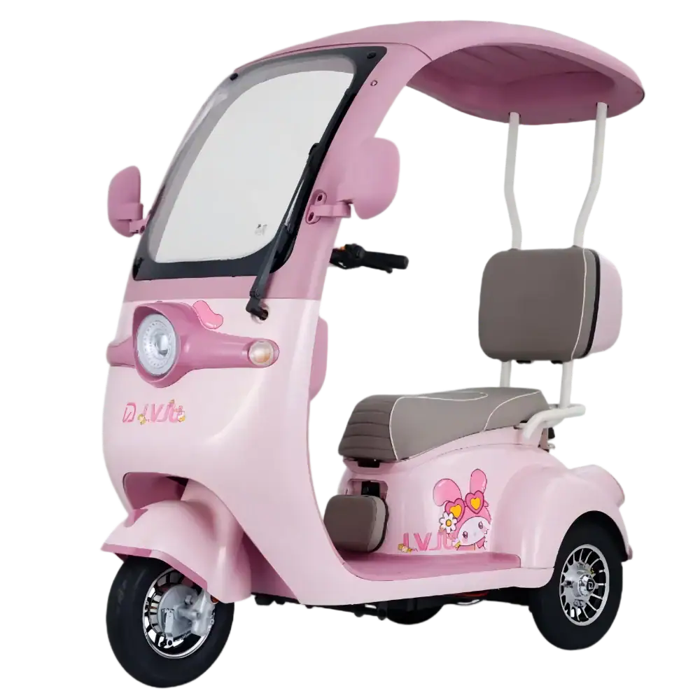 Pink kids electric tricycle with canopy, featuring a cute Hello Kitty design, ideal for children&rsquo;s outdoor rides and fun adventures.
