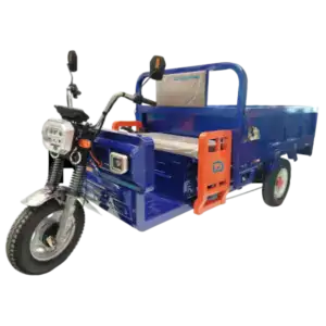 An electric tricycle designed for cargo transport, featuring a sturdy blue frame, comfortable seating, and a spacious rear cargo bed for deliveries or hauling goods.