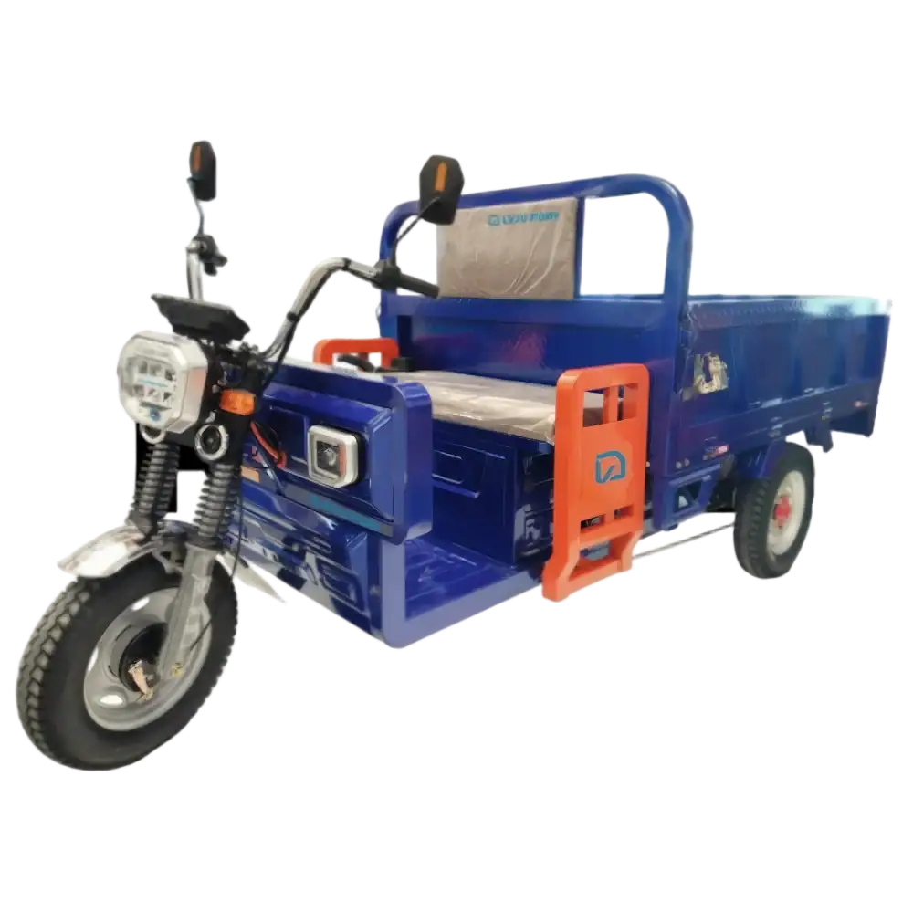 An electric tricycle designed for cargo transport, featuring a sturdy blue frame, comfortable seating, and a spacious rear cargo bed for deliveries or hauling goods.