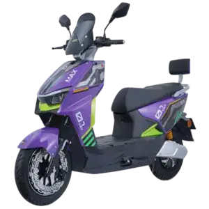 Electric scooter with sleek purple and black design, featuring modern LED lights, comfortable seat, and advanced battery technology for efficient city transportation.