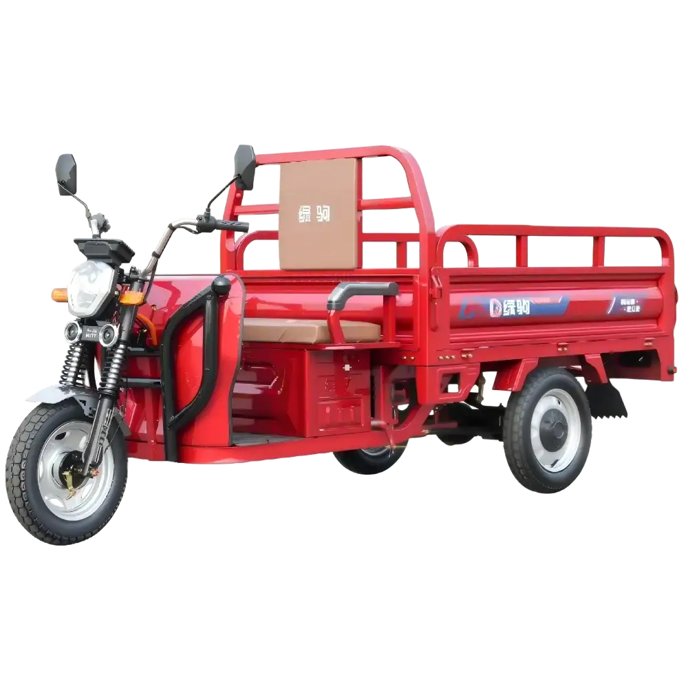 Electric cargo tricycle with a red cargo bed, designed for efficient transportation and delivery services, ideal for urban logistics and small business needs.