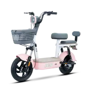 Electric scooter with comfortable seat, front basket, and adjustable handlebars for easy urban commuting. Compact, eco-friendly, perfect for short trips and daily errands.