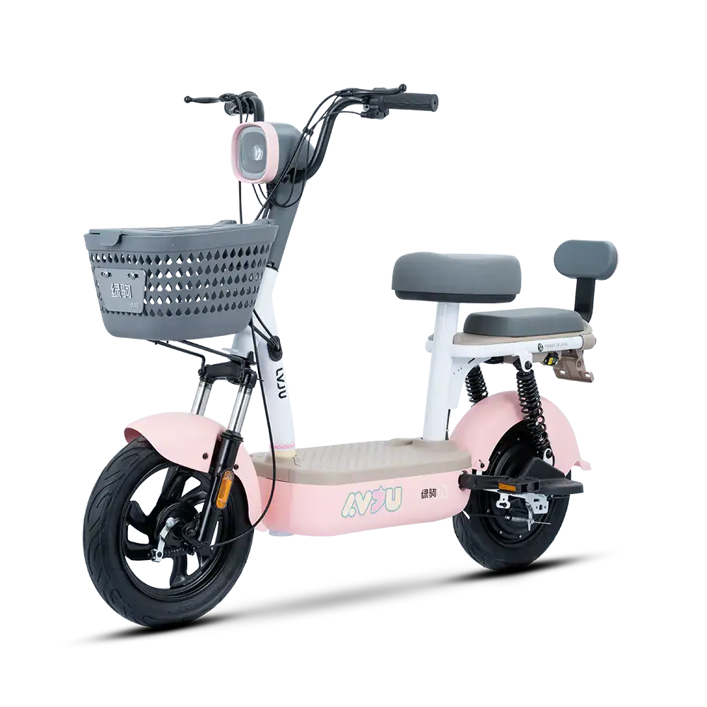 Electric scooter with comfortable seat, front basket, and adjustable handlebars for easy urban commuting. Compact, eco-friendly, perfect for short trips and daily errands.