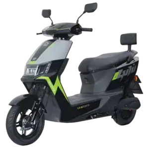 Electric scooter with modern design and green accents, ideal for city travel and eco-friendly transportation. Features a comfortable seat, digital display, and durable build for daily use.