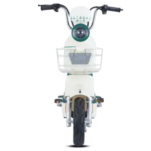 Electric scooter designed for city travel, featuring a front basket, comfortable handlebars, and a sleek white finish, ideal for eco-conscious commuters.