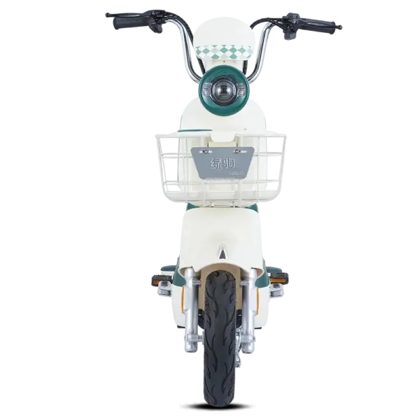 Electric scooter designed for city travel, featuring a front basket, comfortable handlebars, and a sleek white finish, ideal for eco-conscious commuters.