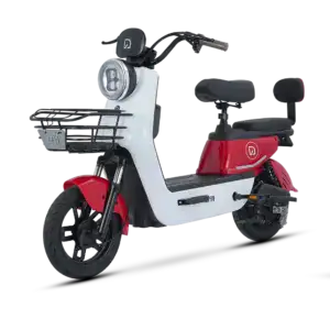 Electric scooter with sleek white and red body, front basket, and comfortable seat, ideal for eco-friendly city transportation and short-distance travel.