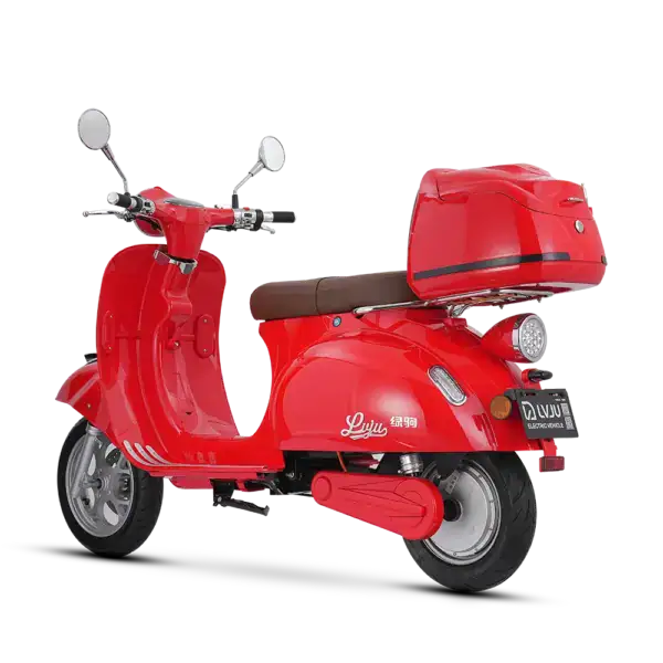 Red scooter with a top case, designed for urban transportation, delivery services, and convenient city travel.