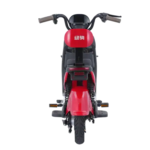 Electric scooter with red and black color, front perspective showing handlebars, headlight, and front wheel.