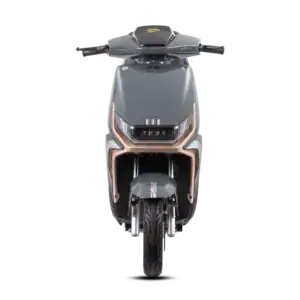 Front view of a sleek, modern electric scooter designed for city commuting, featuring a streamlined body, digital display, and comfortable handlebar grips.