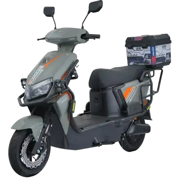 Electric scooter with storage box and modern design for city commuting and eco-friendly transportation. Features a sleek look, comfortable seat, and practical storage for daily use.