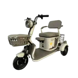 Modern mini electric tricycle designed for adults and seniors, featuring a comfortable seat, sturdy frame, and practical basket for daily errands and mobility needs.