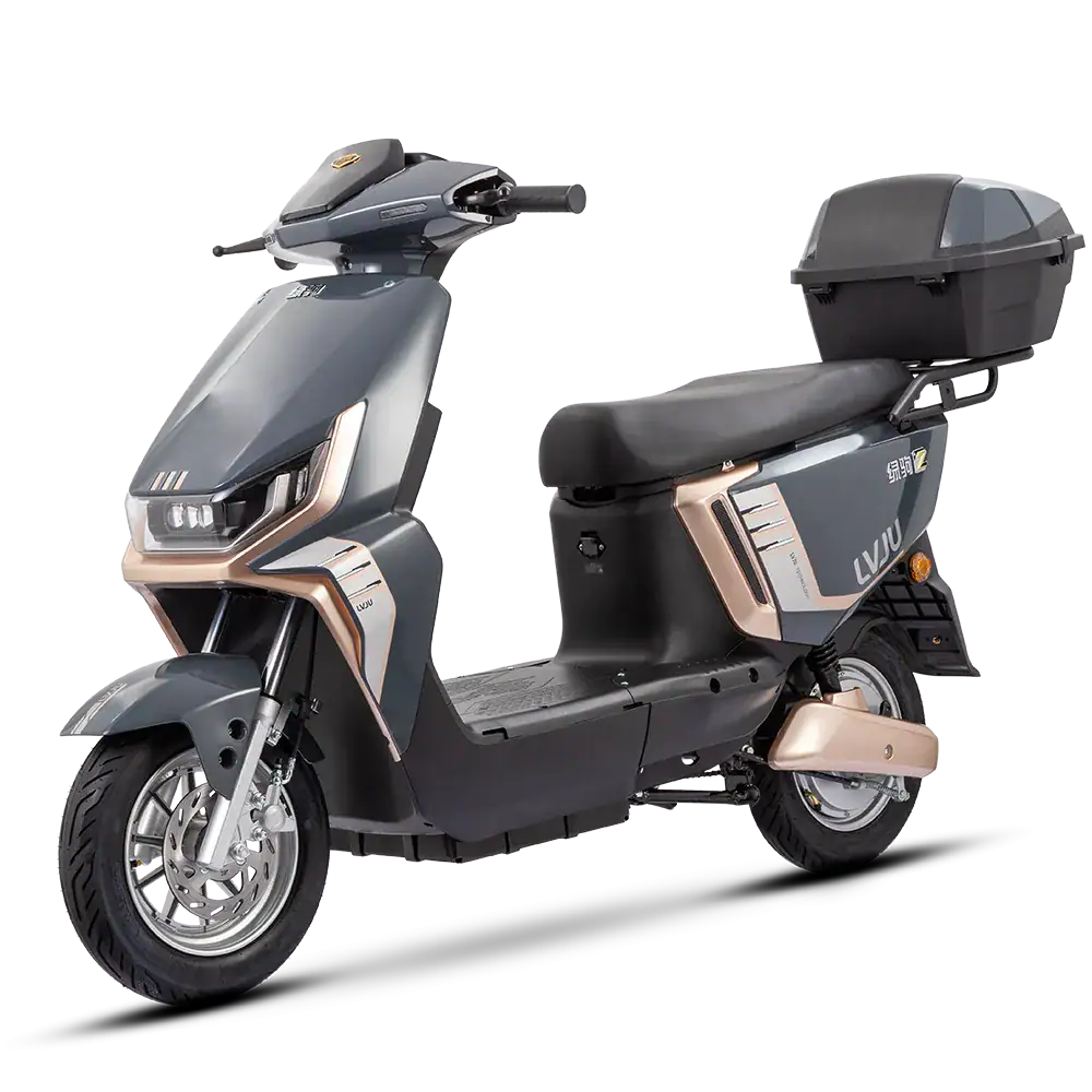 Modern electric scooter with top storage box, ideal for city commuting and eco-friendly transportation. Features sleek design, comfortable seat, and advanced battery technology.