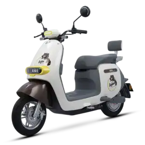 Raccoon-themed electric scooter with branding and accessories, designed for urban commuting and eco-friendly transportation. Features a comfortable seat, mirrors, and a sleek modern look.