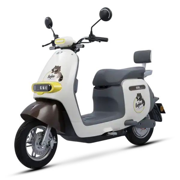 Raccoon-themed electric scooter with branding and accessories, designed for urban commuting and eco-friendly transportation. Features a comfortable seat, mirrors, and a sleek modern look.