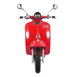 Front view of a red Luyu electric scooter with mirrors and LED lights, ideal for urban commuting and eco-friendly transportation.