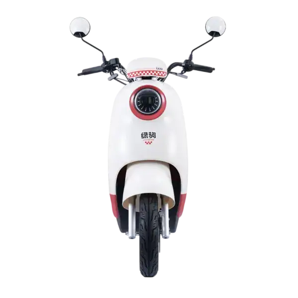 Electric scooter with a sleek white and red design, front view, showcasing handlebars, mirrors, and front wheel, symbolizing innovative transportation solutions under the "CLOUD" theme.