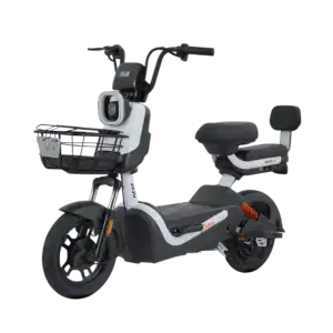 Electric scooter with shadow effect for urban commuting and eco-friendly transportation. Features a front basket, comfortable seat, and modern design, ideal for city travel.