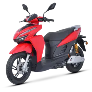 Electric scooter featuring a sleek red and black exterior, ideal for city transportation and eco-friendly travel. Equipped with modern features, comfortable seating, and durable tires for smooth rides.