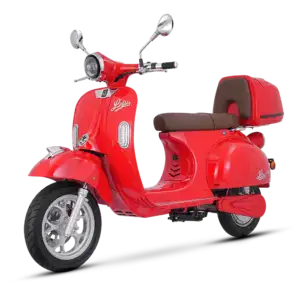Electric scooter Victoria DT in vibrant red with modern design, comfortable brown seat, and practical storage box, ideal for urban commuting and eco-conscious transportation.